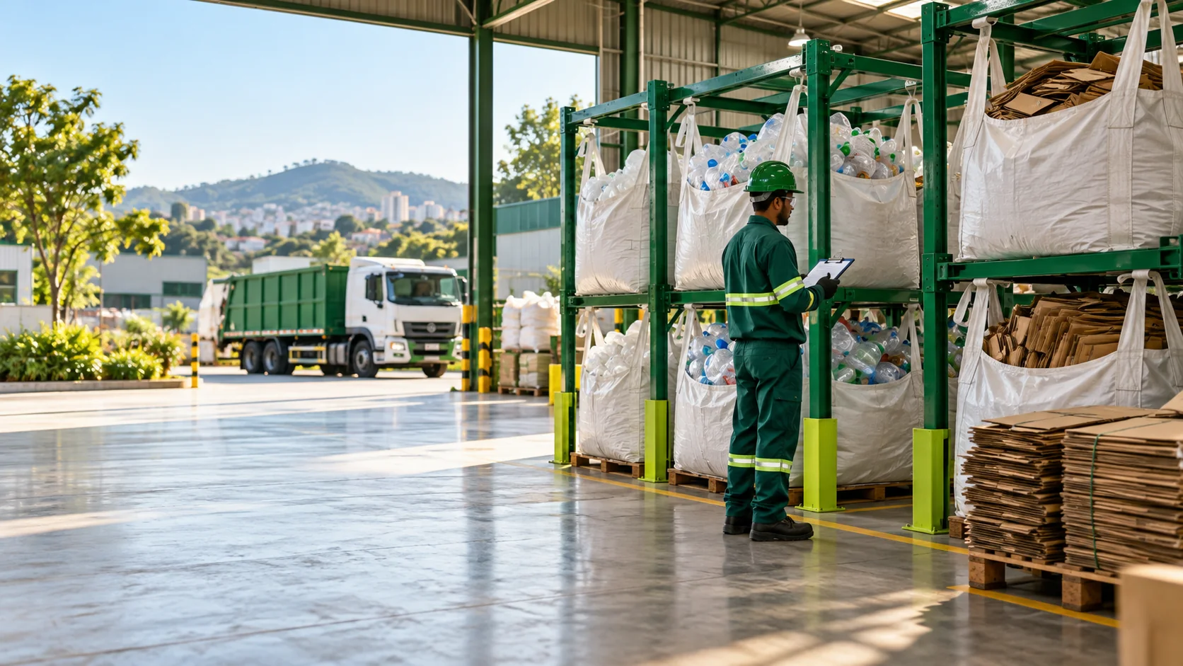 Porta big bags organizando papelão e plásticos em galpão